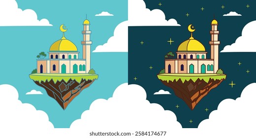 a mosque on a floating island in the sky for ramadan design element in day and night background