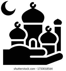 Mosque on hand icon, ramadan festival related vector illustration