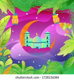 a mosque on the moon with a plant frame and lantern light in the night. graphic can use for children's books, posters, greeting cards, book covers.