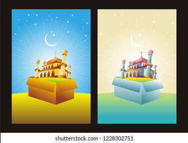 Mosque on the opening cardboard illustration, with abstract sky background