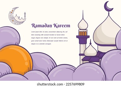 Mosque on purple cloud in feminine hand drawn design for ramadan kareem template design