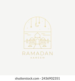 Mosque on the seafront with crescent moon and stars line art outline ramadan kareem logo minimal icon vector illustration