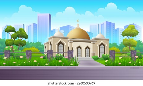 Mosque on the side of the street with green lawn, bush and trees vector illustration