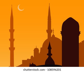 Mosque on Sunset with half moon (Vector Eps10).