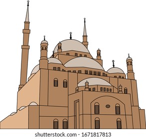 Una mezquita de fondo blanco como la mezquita Muhammad Ali en la ciudadela de El Cairo o la Ciudadela de Saladin - simple dibujo - fondo blanco.