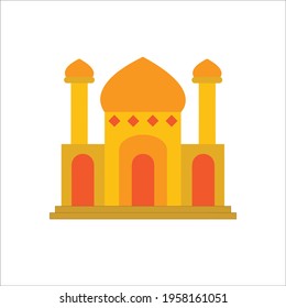 Mosque with one cuban, two minarets, and three yellow and orange doors. Vector illustration.