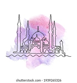 Mosque, one line sketch on watercolour background. Vector illustration.