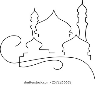 Mosque One-Line Drawing, Outline Vector Illustration for Ramadan Design