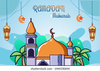 mosque orange dome at ramadan kareem cartoon illustration