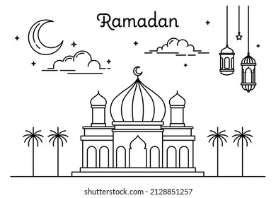 mosque outline ramadan month celebration monoline design concept