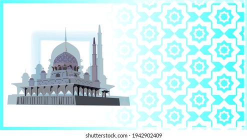A mosque over Islamic pattern in the background. Copy space ready. Muslim holy month poster concept