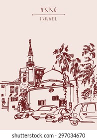 Mosque, palm trees and cars in Akko, Israel. Vector illustration. Grungy black ink marker drawing. Postcard greeting card template. Freehand travel sketch with space for text. Hand lettered title