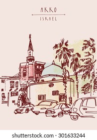 Mosque, palm trees and cars in Akko, Israel. Vector illustration. Grungy black ink marker drawing. Postcard greeting card template. Freehand travel sketch with space for text. Hand lettered title