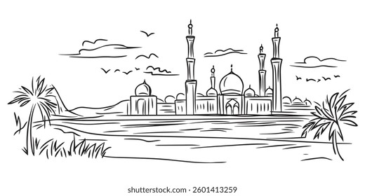 mosque with palm trees vector, desert landscape in hand drawn black and white line art