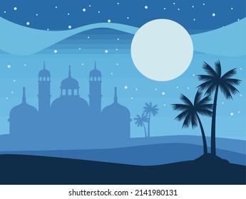 mezquita y palmeras en la escena nocturna
