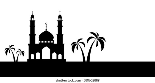 Mosque and palms. Ramadan greeting card on white background. Vector illustration