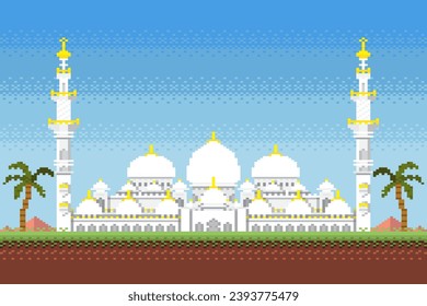 Mosque pixel for Islam with nature background in valuable game assets.