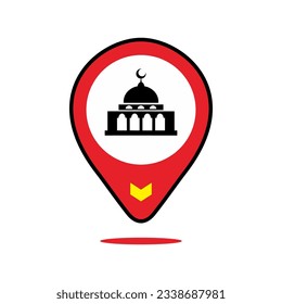 Mosque Pointer Location. Icon Point Loc. Sign Board Mosque template design. Design pointer distance to the location of the mosque. Simple, modern design. Vector Illustration.