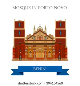 Mosque in Porto-Novo in Benin. Flat cartoon style historic sight showplace attraction web site vector illustration. World countries cities vacation travel sightseeing Africa collection.