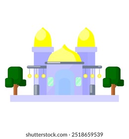 mosque. prayer room. worship place. Muslim. place of Islamic worship. purple mosque building with yellow dome. vector illustration. religious theme. Islamic theme. Islamic fest. flat style