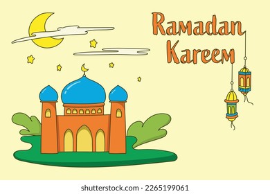 mosque ramadan concept hand drawn design with moon and hanging lantern