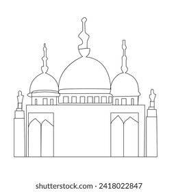 Mezquita con imagen vectorial de contorno continuo de un plano de línea de ramadán
