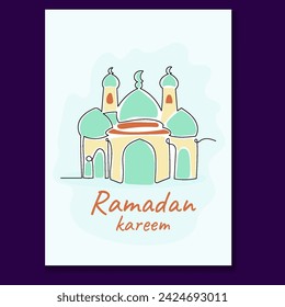 Mosque Ramadan Greeting Card with Continuous Line Hand Drawn. Islamic Design Collections