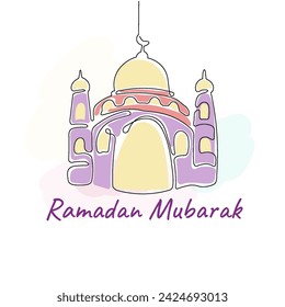 Tarjeta de felicitación del Ramadán de la mezquita con la mano de la línea continua dibujada. Colecciones de diseño islámico