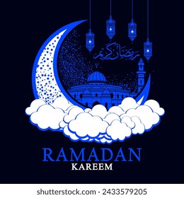 mezquita ramadán kareem linterna luna grande con las nubes ilustración vectorial