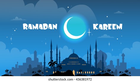 Mosque Ramadan Kareem Muslim Religion Holy Month Flat Vector Illustration
