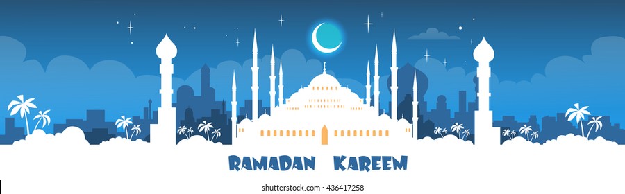 Mosque Ramadan Kareem Muslim Religion Holy Month Banner Flat Vector Illustration