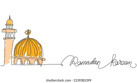 mosque and ramadan kareem text. single line drawing vector illustration