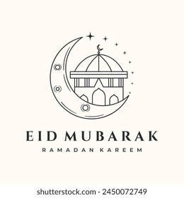 mezquita de ramadán línea arte logo Vector diseño de ilustración minimalista, celebración islámica mezquita logo diseño
