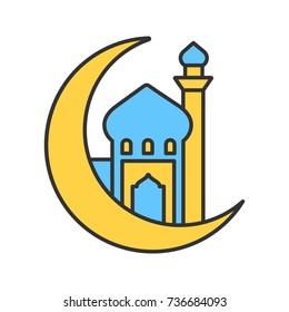 Mosque with ramadan moon color icon. Crescent moon. Islamic culture. Muslim worship place. Isolated vector illustration