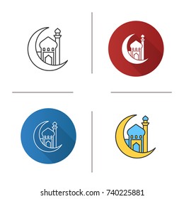 Mosque with ramadan moon icon. Flat design, linear and color styles. Crescent moon. Islamic culture. Muslim worship place. Isolated vector illustrations