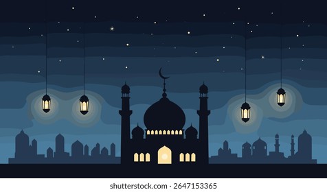 Mosque Ramadan Night with Lanterns and Starry Sky