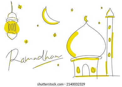 Moschee, Ramadhan Mubarak. Eid Mubarak. Mond, Stern, Moschee, Ramadhan, Lampion. Vektorgrafik, Illustrator.