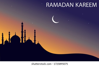 a mosque and ramdan kareem moon on the sky in the background