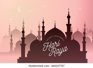 mosque raya greeting template with malay words that means happy fasting month vector/illustration