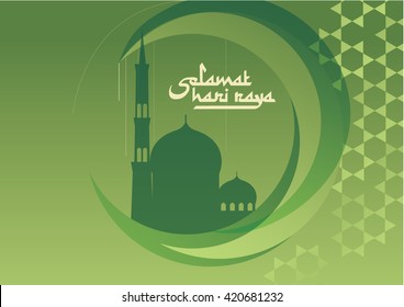 mosque raya greeting template vector/illustration with malay words that translates to wishing you a joyous raya and to seek forgiveness