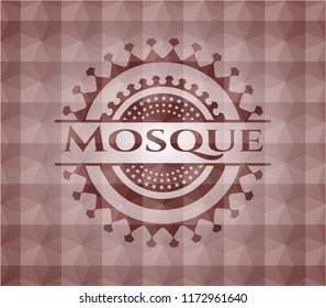 Mosque red emblem or badge with abstract geometric polygonal pattern background. Seamless.