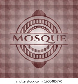 Mosque red emblem or badge with abstract geometric pattern background. Seamless.