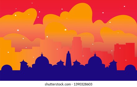 Mosque in rhe city wit Sunset sky background. Dramatic sunset sky with evening sky clouds lit by bright sunlight - natural landscape view