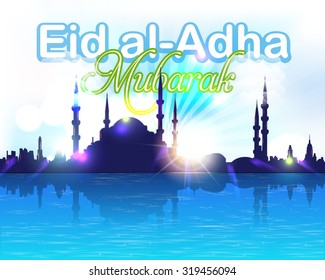 Mosque and Sea Landscape, Islamic Background Qurban Day Greeting Card, Flyer, Poster - English 