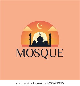 mosque with a serene sunrise background in gradient shades of orange and yellow. A silhouette of a mosque with crescent-topped domes and minarets.