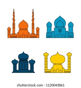 Mosque set Islamic religious building. Vector illustration for Muslim holiday Eid Mubarak.  Ramadan Kareem Greeting Card 