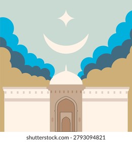 Mosque shapes. Graphic Islam elements. Muslim architecture. Temple against cloudscape background.