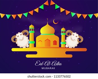 Mosque with sheep illustration on night view background decorated with bunting flag and stars for Eid Al Adha Mubarak festival concept.