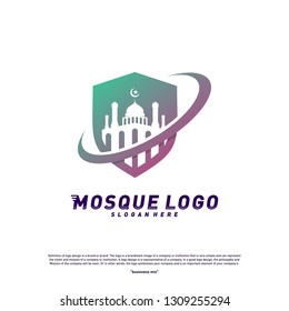 Mosque with Shield logo design concept.Religion Islamic logo template vector. Icon symbol