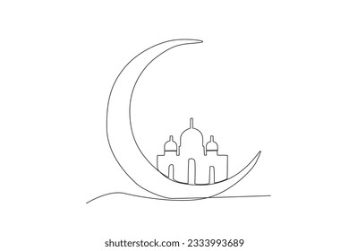 A mosque shrouded in a crescent moon. Mawlid one-line drawing